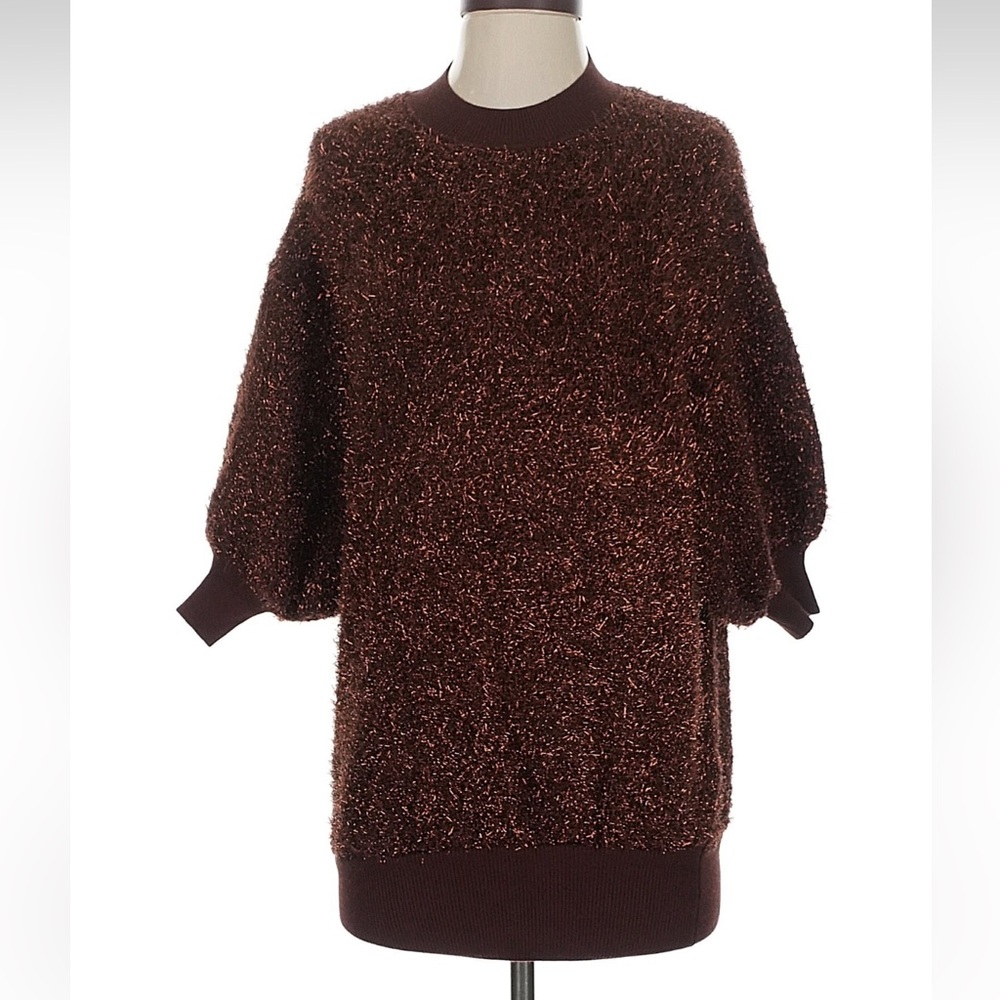 Anthropologie‎ The Violetta Short-Sleeve Tinsel Sweater by Maeve XS in chocolate